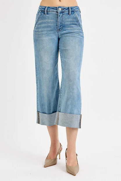 Tummy Control High Rise Ankle Wide Cuffed Jeans at In Style Chics Boutique 