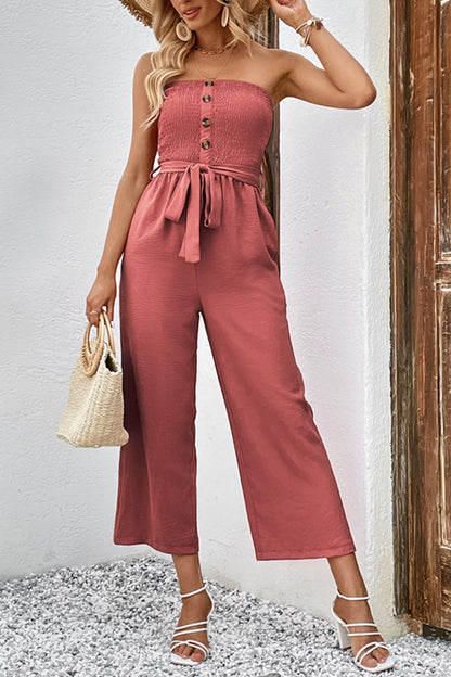 Decorative Button Strapless Smocked Jumpsuit with Pockets - In Style Chics Boutique LLC