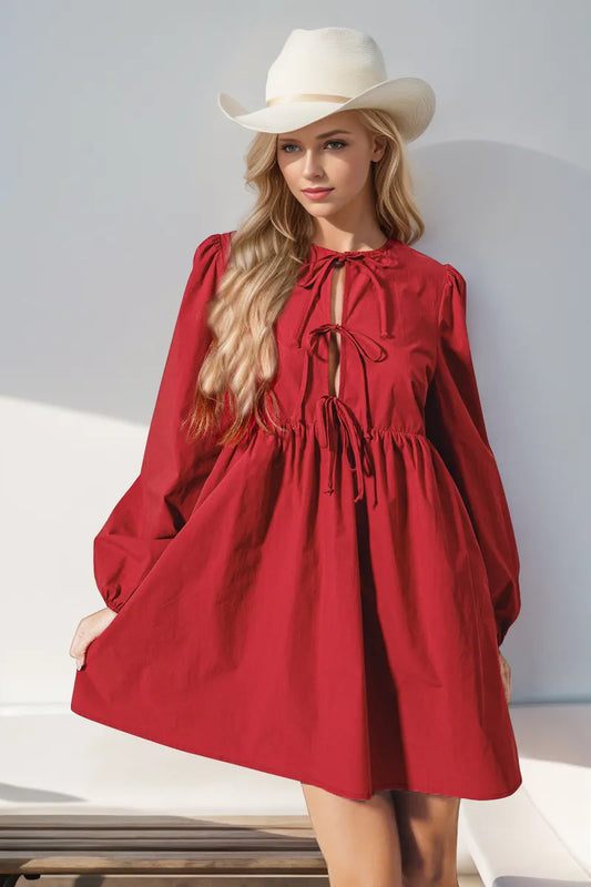 Front Tied Long Sleeve Red Mini Dress at In Style Chics Boutique 