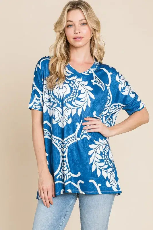 Printed Relaxed V-Neck Tunic Top
