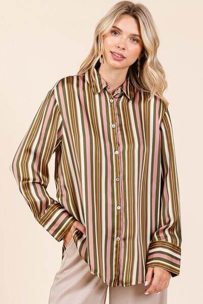  Striped Button Down Satin Shirt
