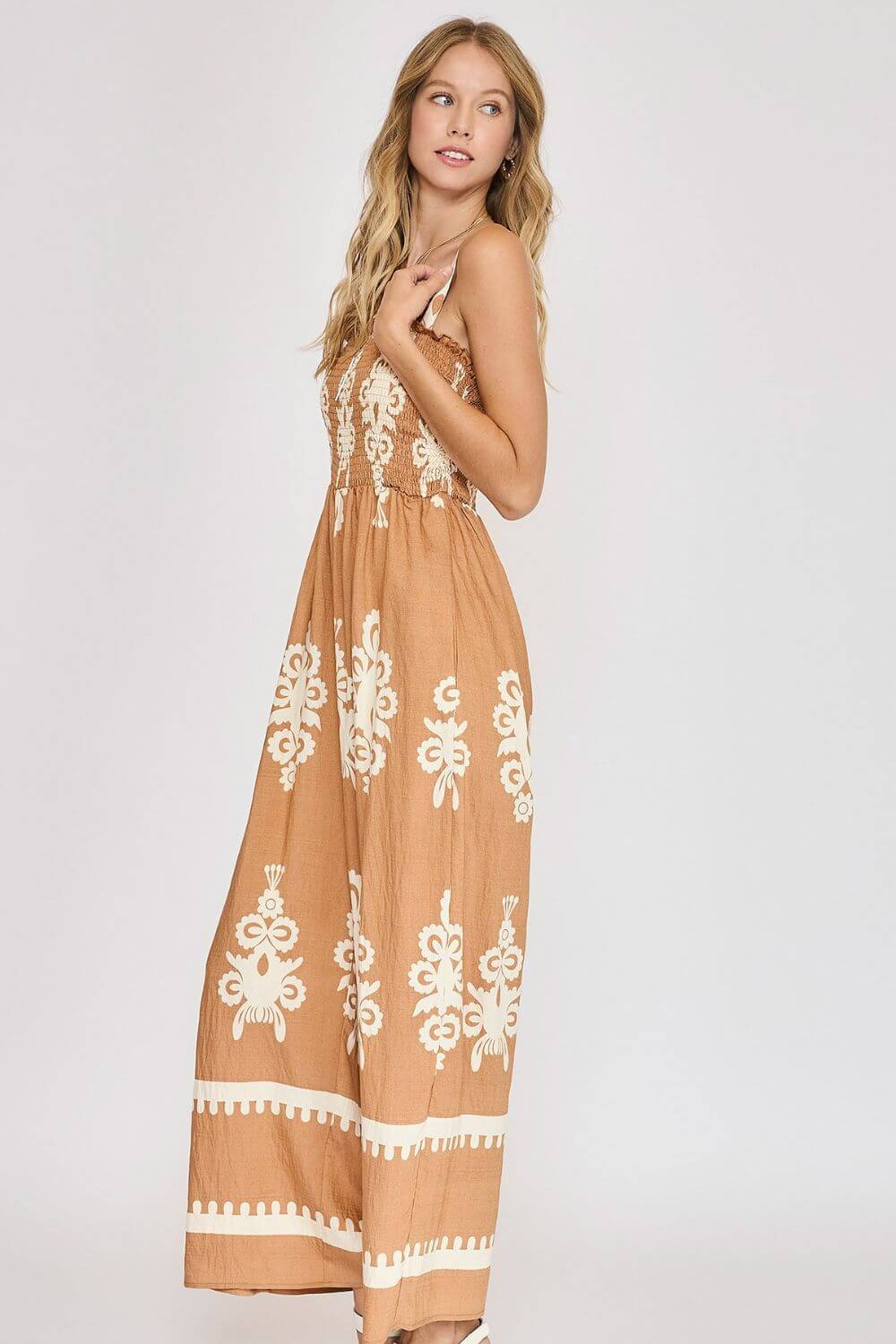 Smocked Printed Wide Leg Jumpsuit  - Cute Clothes Online - In Style Chics Boutique Women's Juniors Plus Size Apparel 