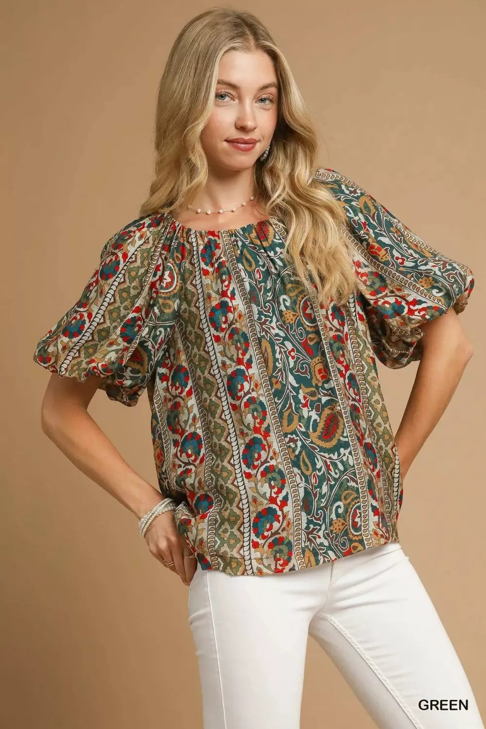 Boho Blouse, Floral Stripe Puff Sleeve at In Style Chics Boutique 