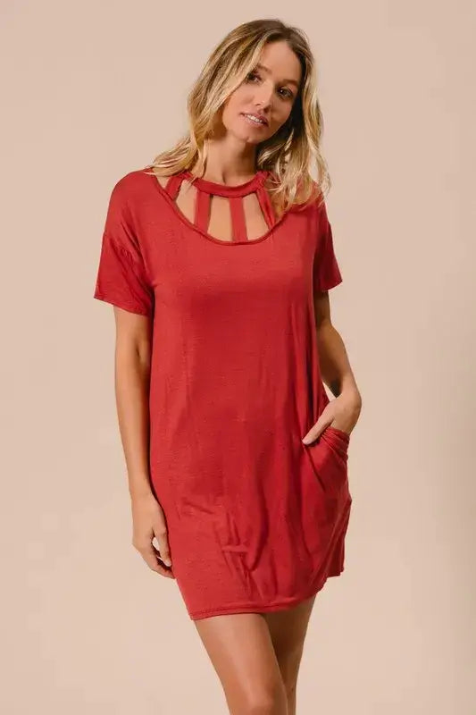 Front Cutout Mini Tee Dress with Pockets - Shop Cute Clothes Online - In Style Chics Boutique Women's Juniors Apparel 