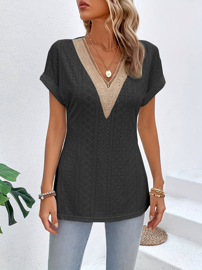 Slit Eyelet V-Neck Short Sleeve Blouse - More Colors! - In Style Chics Boutique LLC