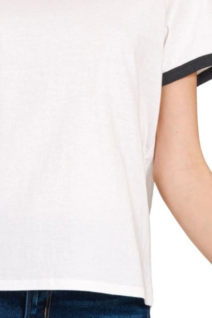 Short Sleeve White Tee Shirt, Black Contrast Binding - In Style Chics Boutique