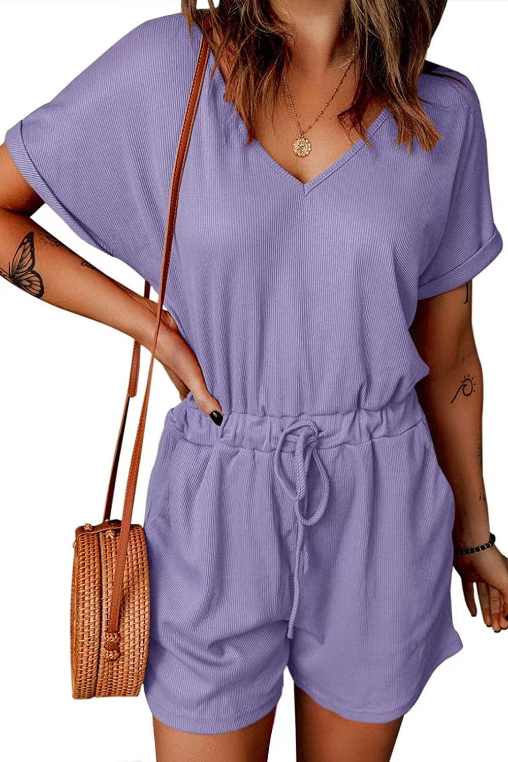 Full Size Drawstring V-Neck Short Sleeve Romper - More Colors! - In Style Chics Boutique LLC