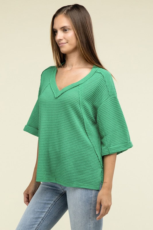 Brushed Waffle Exposed-Seam 3/4 Sleeve Top - In Style Chics Boutique LLC