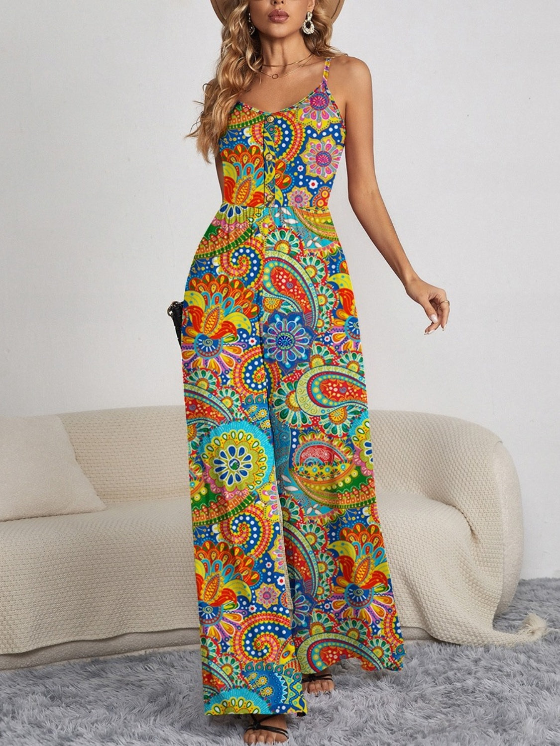 Decorative Button Spaghetti Strap Wide Leg Jumpsuit - More Prints! - In Style Chics Boutique LLC