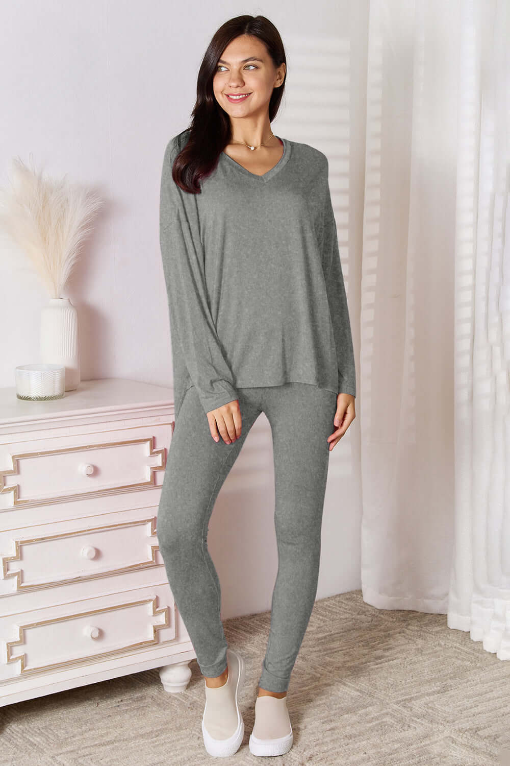 Basic Bae Bamboo Full Size V-Neck Long Sleeve Top and Pants Lounge Set - In Style Chics Boutique LLC