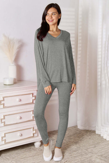Basic Bae Bamboo Full Size V-Neck Long Sleeve Top and Pants Lounge Set - In Style Chics Boutique LLC