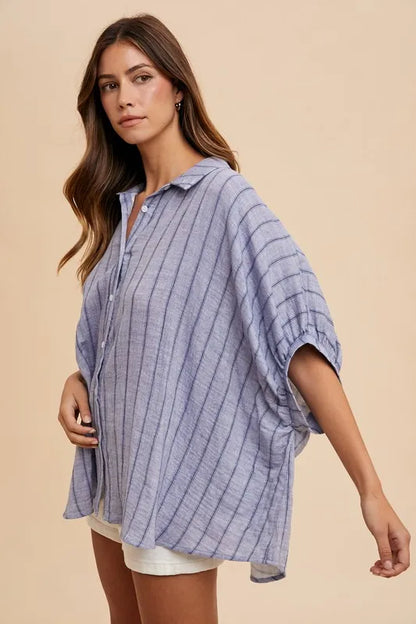 Shop this Striped Button Up Half Sleeve Shirt at In Style Chics Boutique 