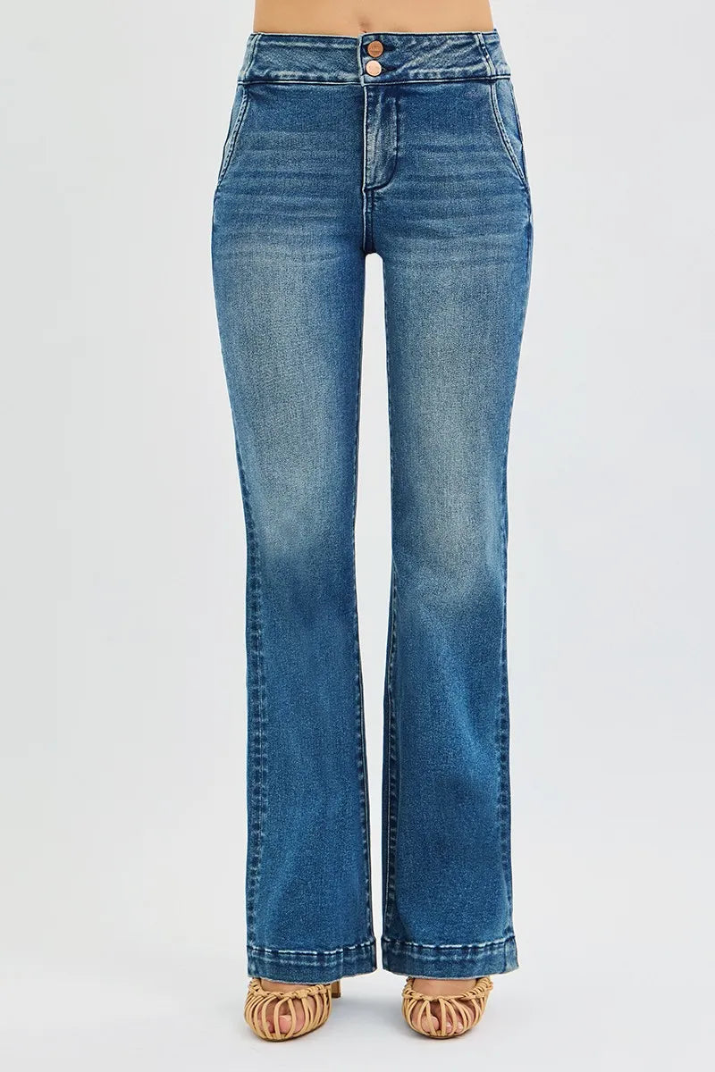 RISEN Tummy Control High Rise Bootcut Jeans Double Button Waist at In Style Chics Boutique  