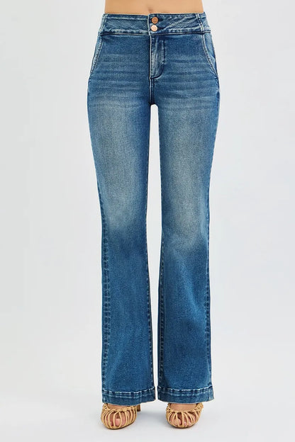 RISEN Tummy Control High Rise Bootcut Jeans Double Button Waist at In Style Chics Boutique  