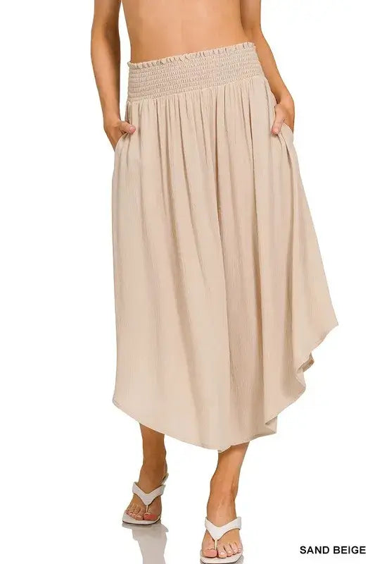 Woven Crinkle Smocked Waist Maxi Skirt W Pockets - In Style Chics Boutique Women's Juniors Fashion Style Online 