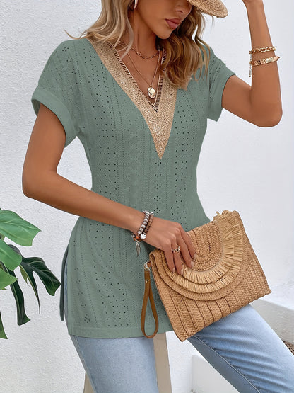 Slit Eyelet V-Neck Short Sleeve Blouse - More Colors! - In Style Chics Boutique LLC