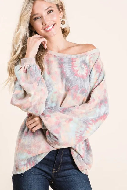 Brushed Tie Dye Print Top with Puff Sleeves at In Style Chics Boutique Fall 2025 Women's Fashion 
