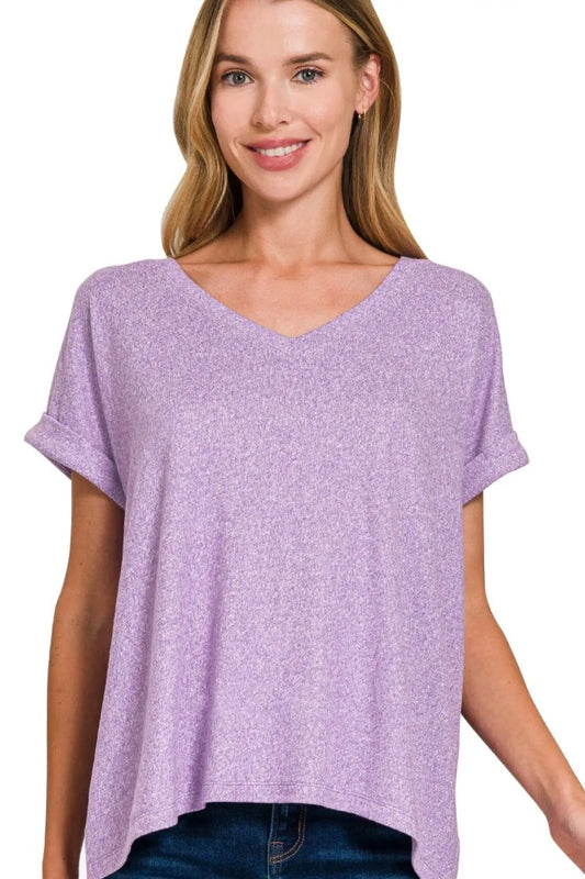 V-neck Tee in Soft Melange Hacci  - In Style Chics Boutique Women's Juniors Clothes Online 