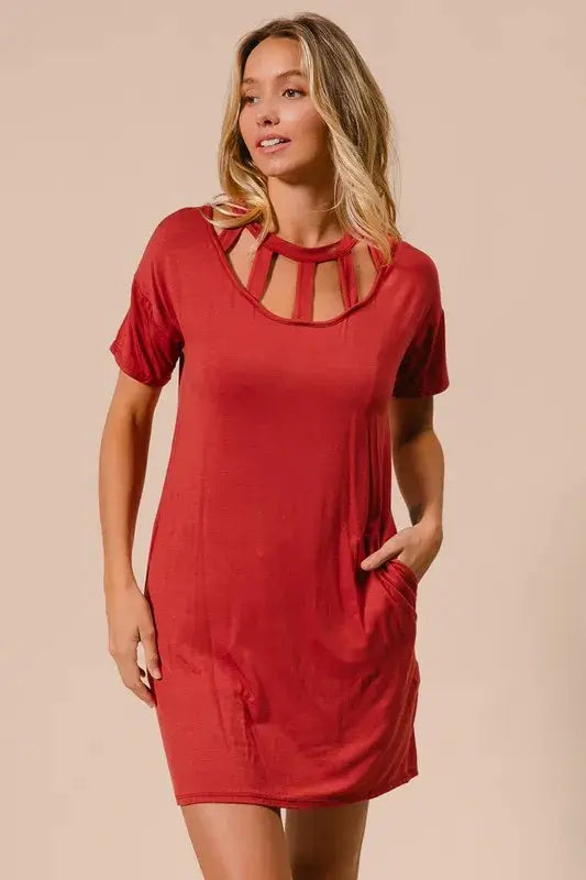 Front Cutout Mini Tee Dress with Pockets - Shop Cute Clothes Online - In Style Chics Boutique Women's Juniors Apparel 