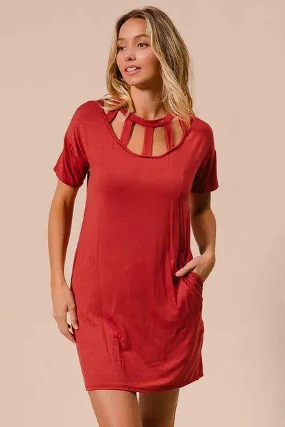 Front Cutout Mini Tee Dress with Pockets - Shop Cute Clothes Online - In Style Chics Boutique Women's Juniors Apparel 