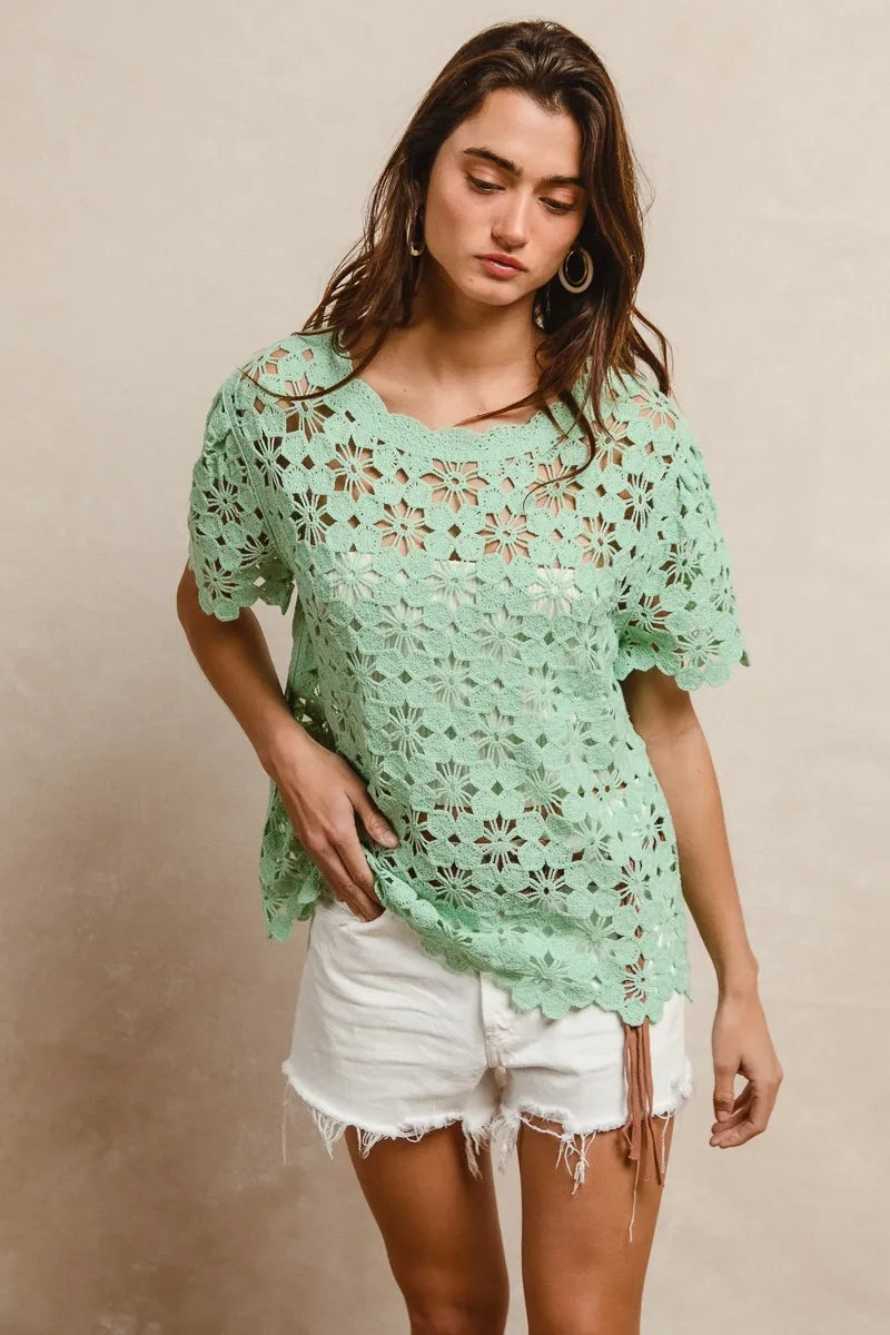 Openwork Crochet Short Sleeve Knit Top at In Style Chics Boutique 