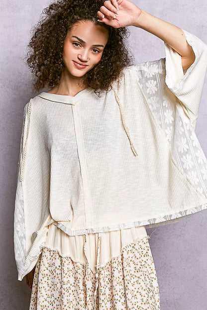 POL Short Sleeve Hoodie Top with Lace Detail