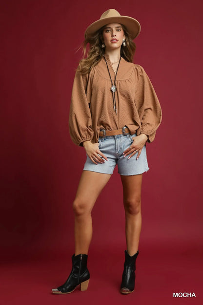 Textured Notched Mocha Blouse with Balloon Sleeves at In Style Chics Boutique 