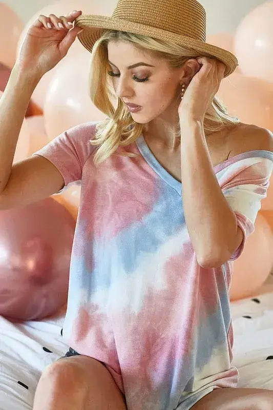 Tie Dye French Terry V Neck Top- Shein Alternative - In Style Chics Boutique Fashion for Women 