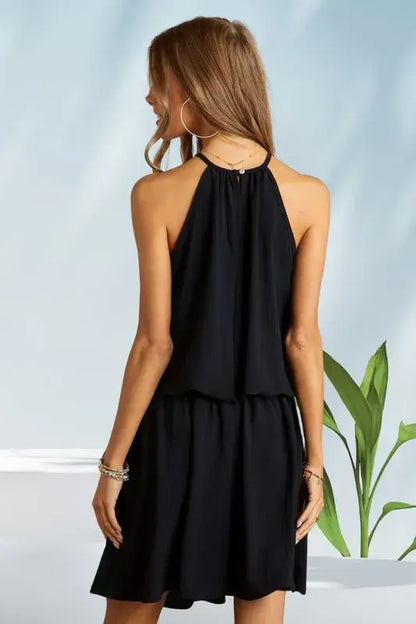 Halter Neck Smocking Waist Black Dress -  Cute Clothes - In Style Chics Boutique Women's Juniors Apparel Online 