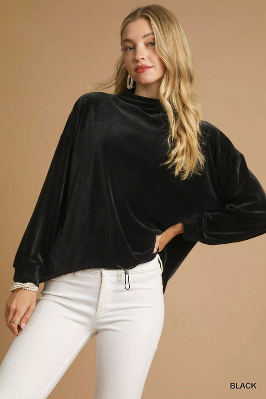Ribbed Drawstring Hem Knit Black Top at In Style Chics Boutique 
