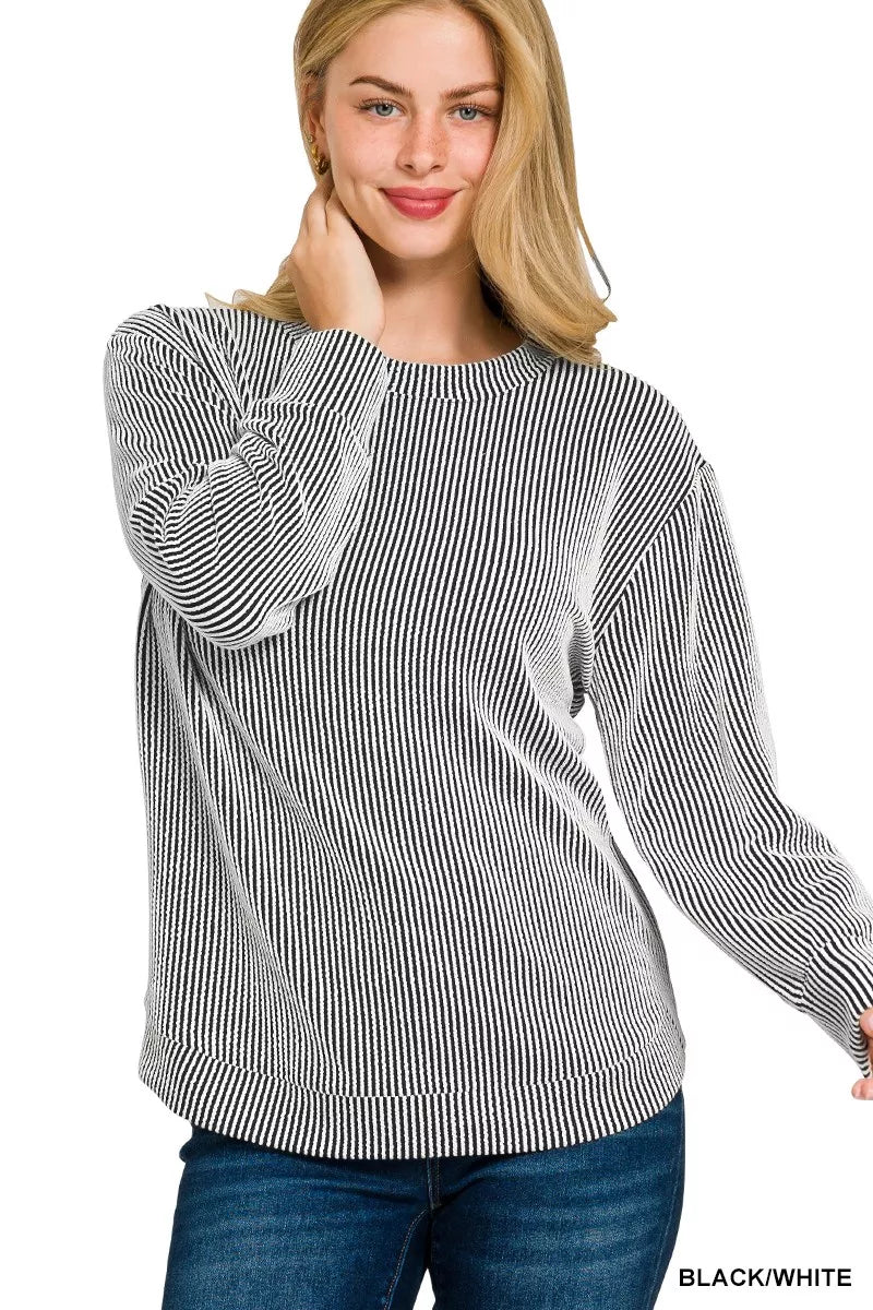 Raised Rib Round Neck Long Sleeve Top at In Style Chics Boutique 