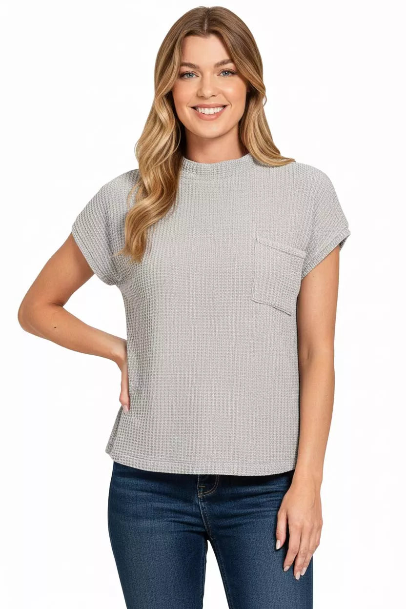 Zenana Chenille Waffle Short Sleeve Grey Sweater