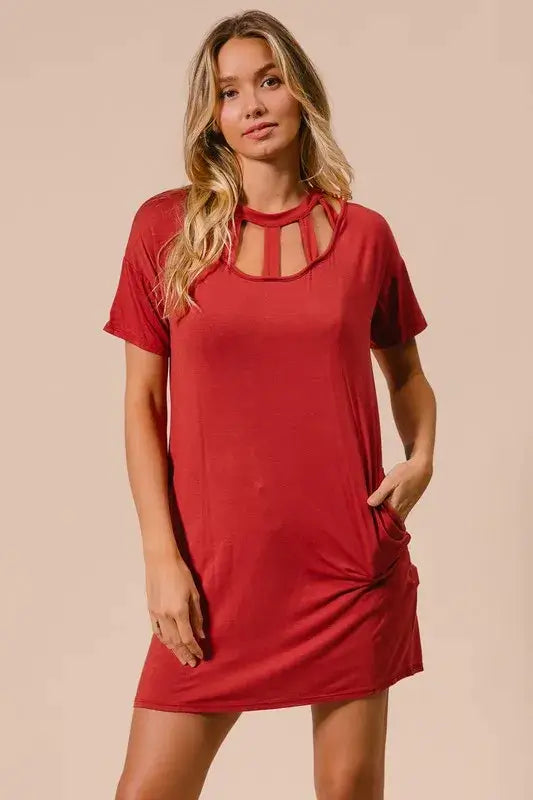 Front Cutout Mini Tee Dress with Pockets - Shop Cute Clothes Online - In Style Chics Boutique Women's Juniors Apparel 