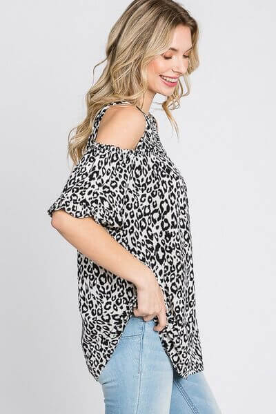 Leopard Round Neck Cold Shoulder T-Shirt Plus Size