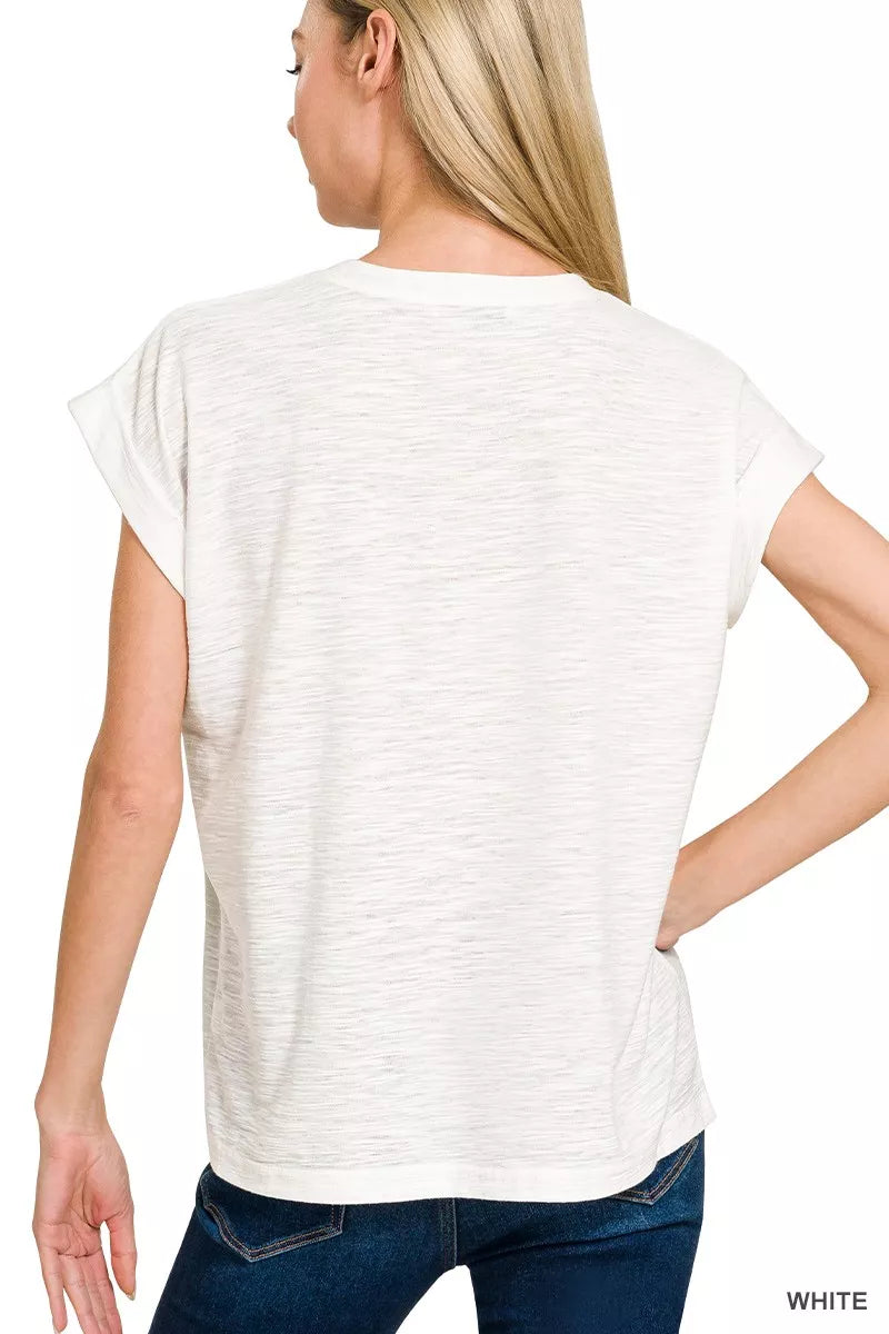 White Rolled Sleeve Slub Tee with Soft Stretch Fabric and Relaxed Everyday Fit 🤍