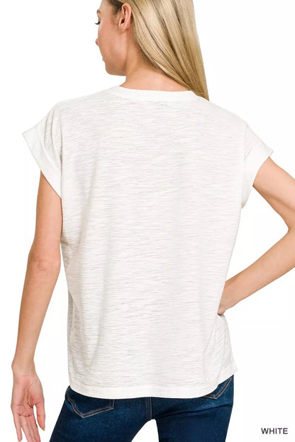 White Rolled Sleeve Slub Tee with Soft Stretch Fabric and Relaxed Everyday Fit 🤍