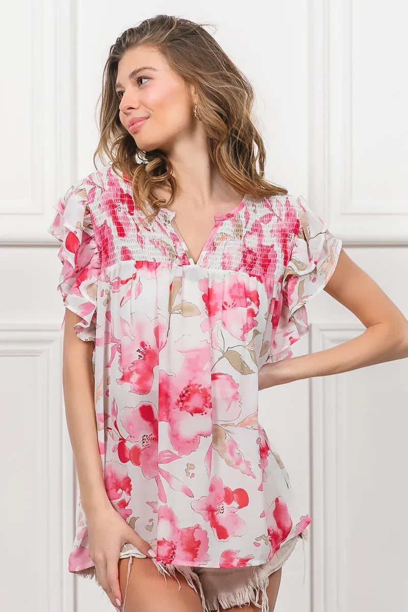 Floral Print Flutter Sheer Top at In Style Chics Boutique 
