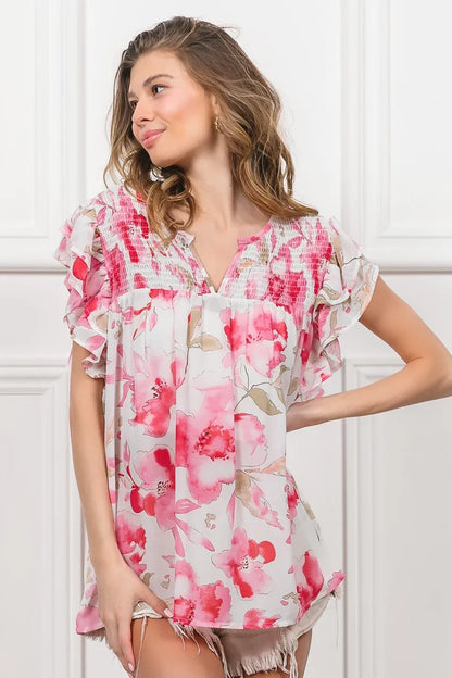 Floral Print Flutter Sheer Top at In Style Chics Boutique 