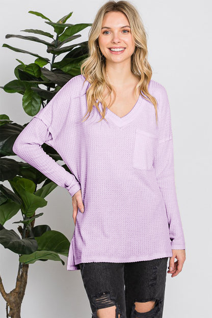 Reborn J Waffle Knit V-Neck Long Sleeve T-Shirt - In Style Chics Boutique LLC