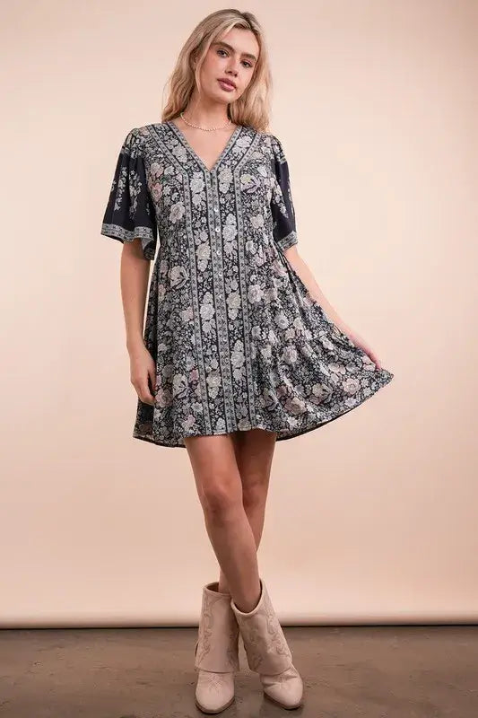 Shirring Detail Printed Woven Mini Dress - In Style Chics Boutique 