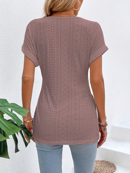 Slit Eyelet V-Neck Short Sleeve Blouse - More Colors! - In Style Chics Boutique LLC