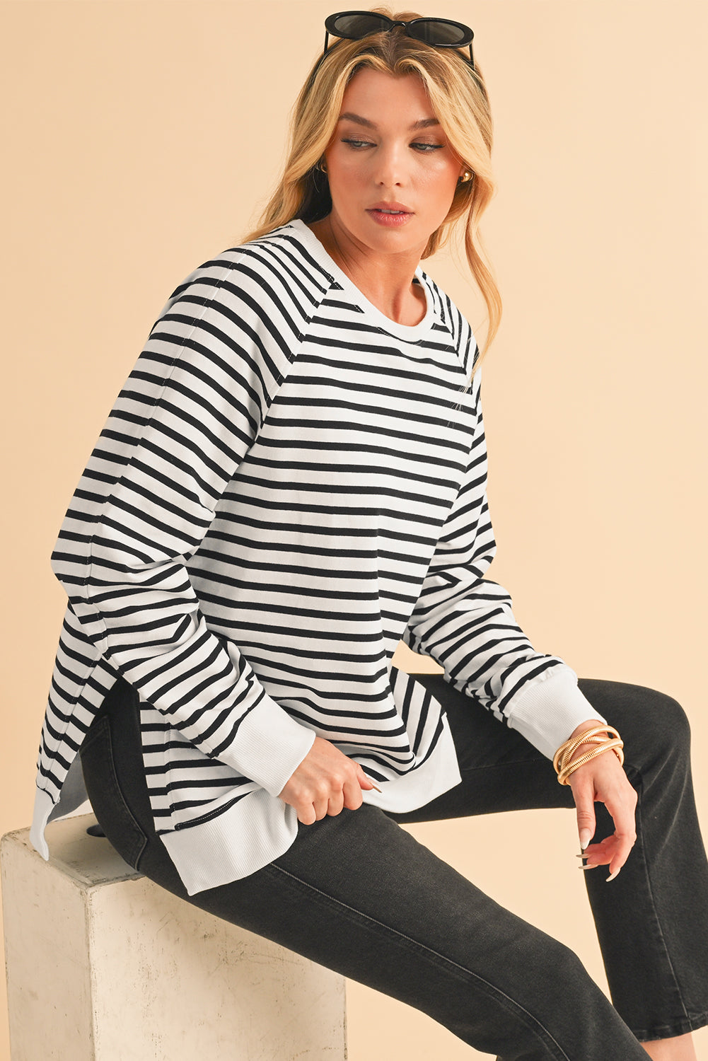 Black Stripe Raglan Sleeve Loose Split Sweatshirt - In Style Chics Boutique LLC
