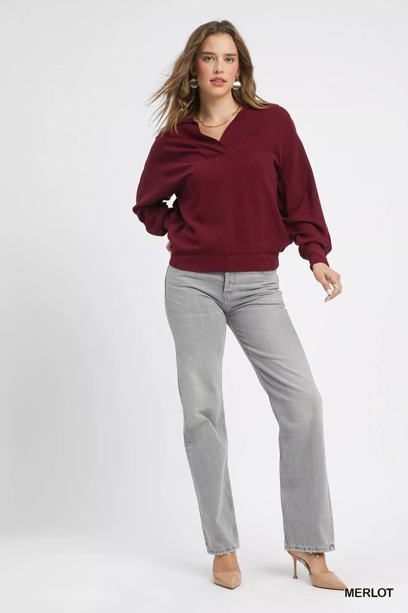 Linen Long Sleeves Elastic Hem Blouse in Merlot at In Style Chics Boutique 