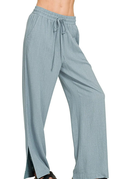 Linen Drawstring Wide Leg Pants with side slit - In Style Chics Boutique 