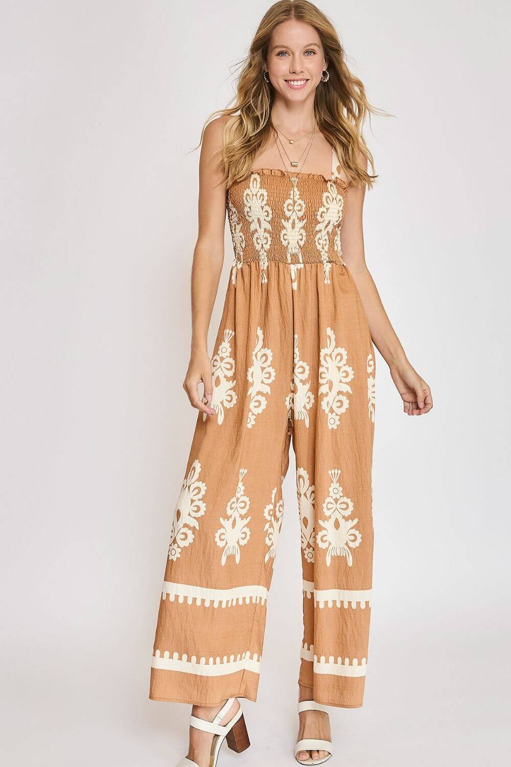 Smocked Printed Wide Leg Jumpsuit  - Cute Clothes Online - In Style Chics Boutique Women's Juniors Plus Size Apparel 