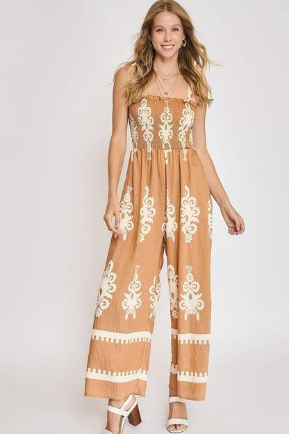 Smocked Printed Wide Leg Jumpsuit  - Cute Clothes Online - In Style Chics Boutique Women's Juniors Plus Size Apparel 