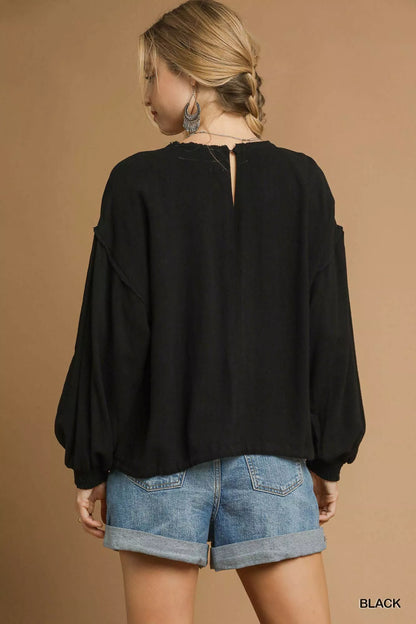 Linen Long Sleeve Top with Drawstring  at In Style Chics Boutique 