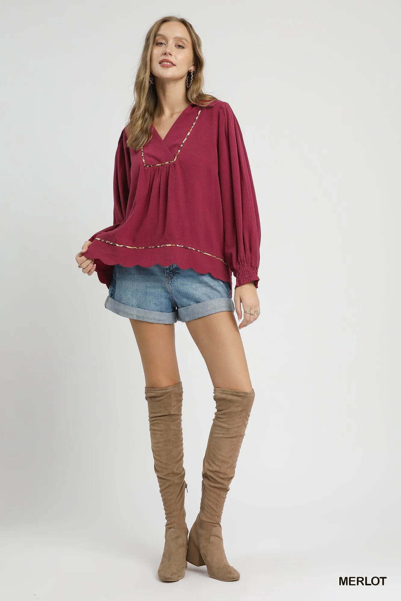 Linen Blouse Scallop Hem with Contrast Trim at In Style Chics Boutique 
