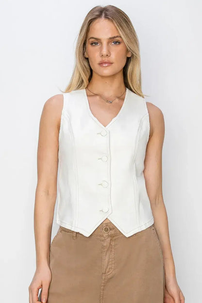 RISEN V Neck Button Down White Vest - In Style Chics Boutique Women's Juniors Plus Size Apparel Online 