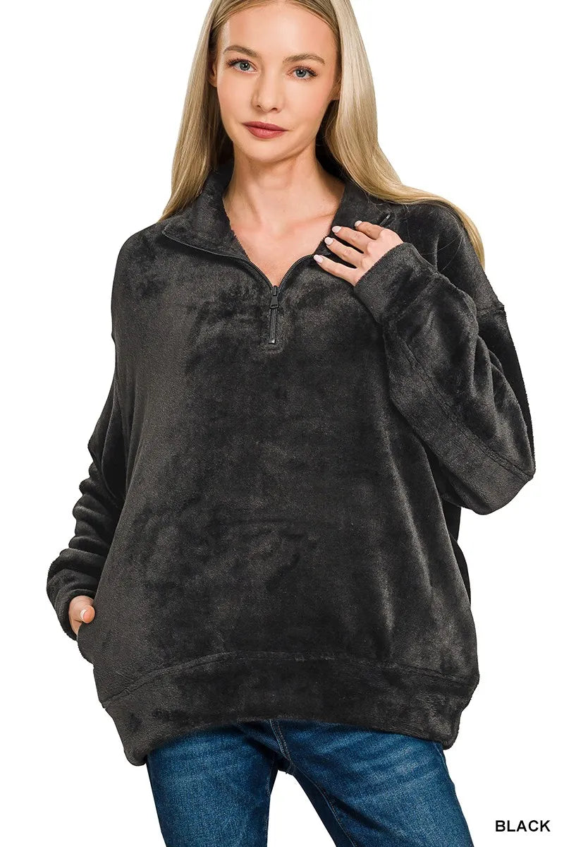 Faux Fur Half Zip Pocket Black Pullover